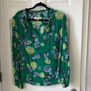 LOFT Green Floral V-Neck Tie Blouse with Long Sleeves